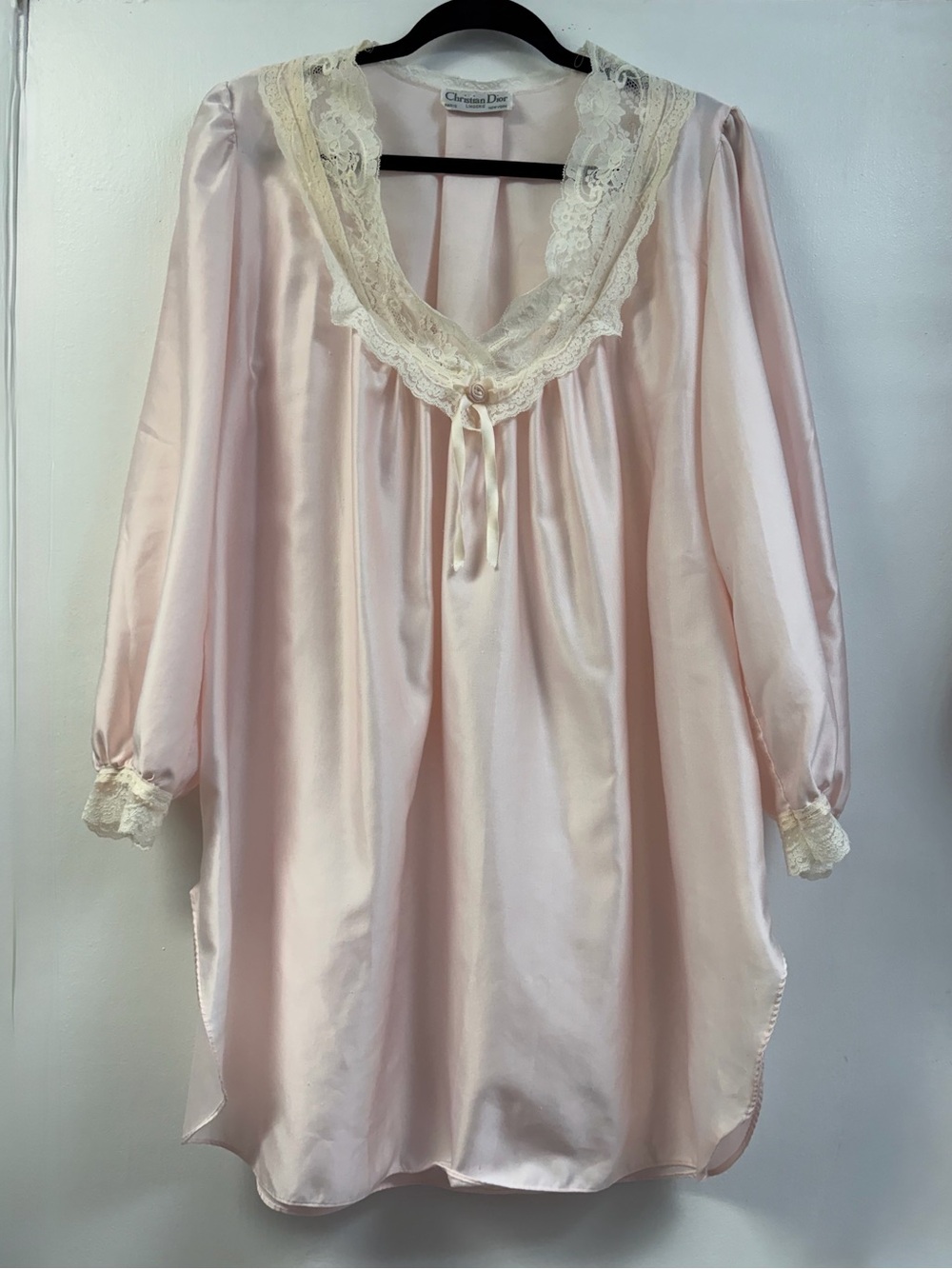 Dior Vintage Pale Pink Satin Chemise with Cream Lace Trim